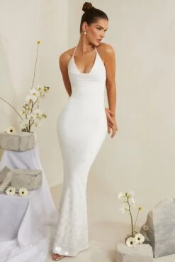Cowl Neck Embellished Satin Maxi Dress In White -Women Clothes Shop 6949 2 Magnolia White Embelished Cowl Gown Sequin