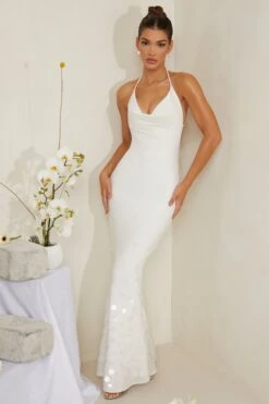 Cowl Neck Embellished Satin Maxi Dress In White -Women Clothes Shop 6949 3 Magnolia White Embelished Cowl Gown Sequin