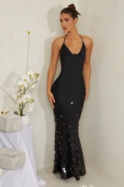 Cowl Neck Embellished Satin Maxi Dress In Black -Women Clothes Shop 6949 4 Magnolia Black Sequin Embellished Cowl Gown