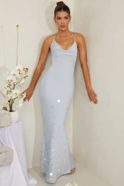 Cowl Neck Embellished Satin Maxi Dress In Blue -Women Clothes Shop 6949 4 Magnolia Blue Embellished Cowl Gown