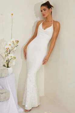 Cowl Neck Embellished Satin Maxi Dress In White -Women Clothes Shop 6949 4 Magnolia White Embelished Cowl Gown Sequin