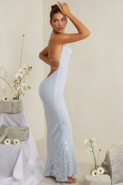 Cowl Neck Embellished Satin Maxi Dress In Blue -Women Clothes Shop 6949 7 Magnolia Blue Embellished Cowl Gown