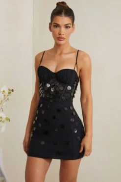 Embellished Corset Mini Dress In Black -Women Clothes Shop 6956 1 Constance Black Tonal Sequin Gown Mini Dress