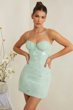 Embellished Corset Mini Dress In Sage -Women Clothes Shop 6956 2 Constance Sage Tonal Sequin Gown Mini Dress