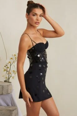 Embellished Corset Mini Dress In Black -Women Clothes Shop 6956 5 Constance Black Tonal Sequin Gown Mini Dress
