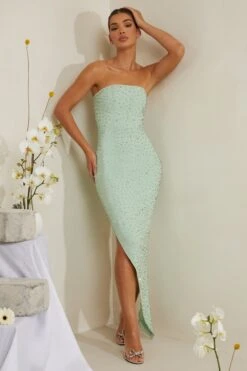 Hand Embellished Asymmetric Midi Dress In Sage -Women Clothes Shop 6988 10 Vivica Sage Asymmetric Draped Midi Dress