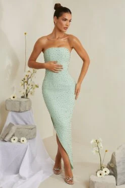 Hand Embellished Asymmetric Midi Dress In Sage -Women Clothes Shop 6988 1 Vivica Sage Assymetric Draped Midi Dress