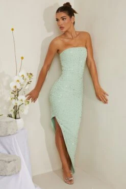 Hand Embellished Asymmetric Midi Dress In Sage -Women Clothes Shop 6988 4 Vivica Sage Assymetric Draped Midi Dress