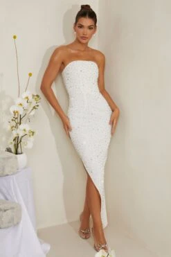 Hand Embellished Asymmetric Midi Dress In White