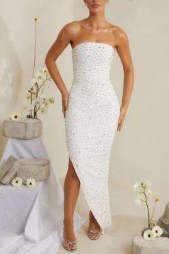 Hand Embellished Asymmetric Midi Dress In White -Women Clothes Shop 6988 6 Vivica White Assymetric Draped Midi Dress