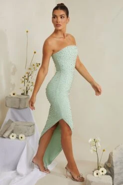 Hand Embellished Asymmetric Midi Dress In Sage -Women Clothes Shop 6988 7 Vivica Sage Asymmetric Draped Midi Dress