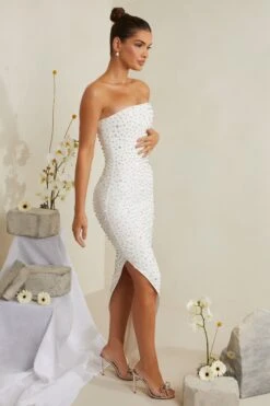 Hand Embellished Asymmetric Midi Dress In White -Women Clothes Shop 6988 8 Vivica White Assymetric Draped Midi Dress