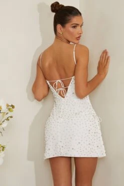 Hand Embellished Cowl Neck Mini Dress In White -Women Clothes Shop 7179 10 Signe White Cowl Aline Mini Hand Embellished