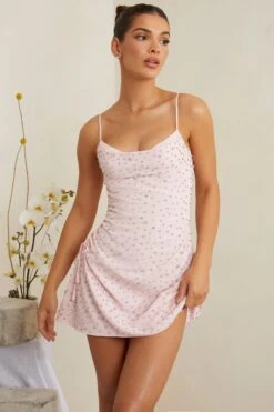 Hand Embellished Cowl Neck Mini Dress In Pink -Women Clothes Shop 7179 1 Signe Pink Cowl Aline Mini Hand Embellished