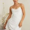 Hand Embellished Cowl Neck Mini Dress In White -Women Clothes Shop 7179 2 Signe White Cowl Aline Mini Hand Embellished