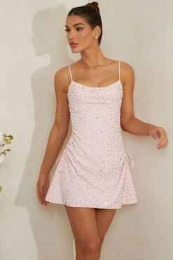 Hand Embellished Cowl Neck Mini Dress In Pink -Women Clothes Shop 7179 5 Signe Pink Cowl Aline Mini Hand Embellished