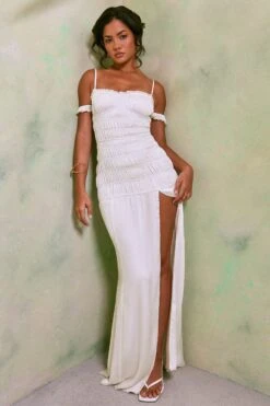 Shirred Thigh High Split Maxi Dress In White -Women Clothes Shop 7189 2 Viva White Crinkled Shirring Split Gown Dress