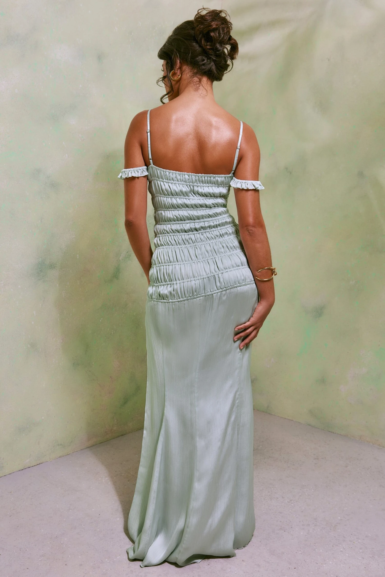 Shirred Thigh High Split Maxi Dress In Pastel Green 4 Shirred Thigh High Split Maxi Dress In Pastel Green - Image 2