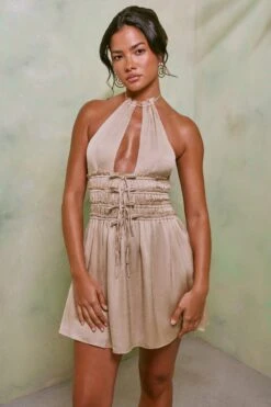 Halter Neck Cut Out Shirred Mini Dress In Sand -Women Clothes Shop 7191 1 Tulia Sand Crinkle Tie Up Halterneck Shirring Mini Dress