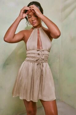 Halter Neck Cut Out Shirred Mini Dress In Sand -Women Clothes Shop 7191 2 Tulia Sand Crinkle Tie Up Halterneck Shirring Mini Dress