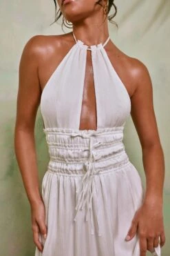 Halter Neck Cut Out Shirred Mini Dress In White 12 Halter Neck Cut Out Shirred Mini Dress In White -Women Clothes Shop 7191 4 Tulia White Crinkle Tie Up Halterneck Shirring Mini