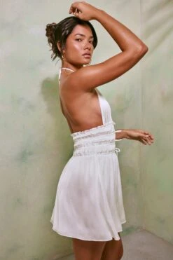 Halter Neck Cut Out Shirred Mini Dress In White 11 Halter Neck Cut Out Shirred Mini Dress In White -Women Clothes Shop 7191 5 Tulia White Crinkle Tie Up Halterneck Shirring Mini