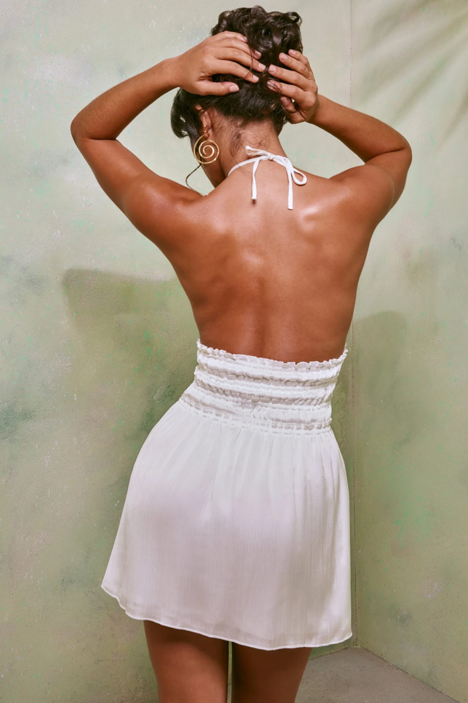 Halter Neck Cut Out Shirred Mini Dress In White 4 Halter Neck Cut Out Shirred Mini Dress In White - Image 2