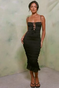 Shirred Front Tie Midi Dress In Black -Women Clothes Shop 7207 1 Heidi Black Tie Up Shirring Midi Dress