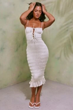 Shirred Front Tie Midi Dress In White -Women Clothes Shop 7207 1 Heidi White Tie Up Shirring Midi Dress