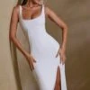 Square Neck Bodycon Midi Dress In White 2 Square Neck Bodycon Midi Dress In White -Women Clothes Shop 7255 2 Keyana White Split Midi Dress