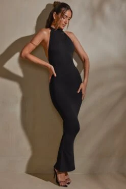 Halter Neck Low Back Maxi Dress In Black -Women Clothes Shop 7259 6 Tandi Black Halter Low Back Maxi