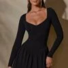 Long Sleeve Layered A-Line Mini Dress In Black -Women Clothes Shop 7311 2 Keziah Black Long Sleeve Mini Dress