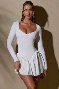 Long Sleeve Layered A-Line Mini Dress In White -Women Clothes Shop 7311 3 Keziah White Long Sleeve Mini Dress