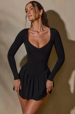 Long Sleeve Layered A-Line Mini Dress In Black -Women Clothes Shop 7311 4 Keziah Black Long Sleeve Mini Dress