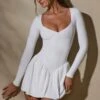 Long Sleeve Layered A-Line Mini Dress In White -Women Clothes Shop 7311 5 Keziah White Long Sleeve Mini Dress