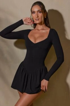 Long Sleeve Layered A-Line Mini Dress In Black -Women Clothes Shop 7311 6 Keziah Black Long Sleeve Mini Dress