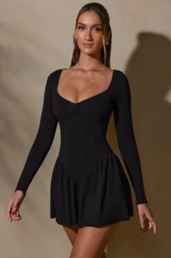 Long Sleeve Layered A-Line Mini Dress In Black -Women Clothes Shop 7311 8 Keziah Black Long Sleeve Mini Dress
