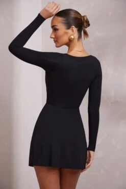Long Sleeve Plunge Neck Wrap Over Mini Dress In Black -Women Clothes Shop 7318 4 Rayne Black Overlay Plunge Mini