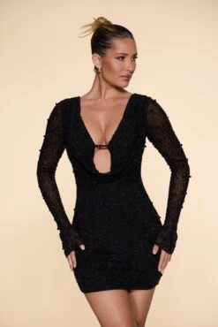 Long Sleeve Deep Plunge Mini Dress In Black -Women Clothes Shop Look 10 008
