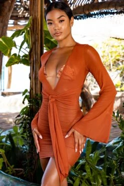 Paloma Sheer Beach Dress In Rust -Women Clothes Shop gg0020 4 paloma brown low v neck tie front batwing mesh cover up