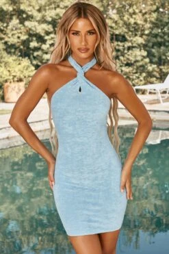 Twist Neckline Mini Dress In Blue 13 Twist Neckline Mini Dress In Blue -Women Clothes Shop ns0017 3 botum blue halterneck bodycon minidress 1