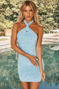 Twist Neckline Mini Dress In Blue 16 Twist Neckline Mini Dress In Blue -Women Clothes Shop ns0017 4 botum blue halterneck bodycon minidress 1