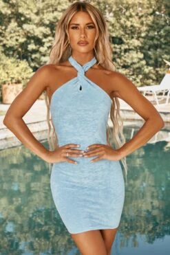 Twist Neckline Mini Dress In Blue 17 Twist Neckline Mini Dress In Blue -Women Clothes Shop ns0017 5 botum blue halterneck bodycon minidress 1