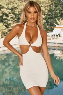 Darany Plunge Hoop Detail Cut Out Mini Dress In Ivory